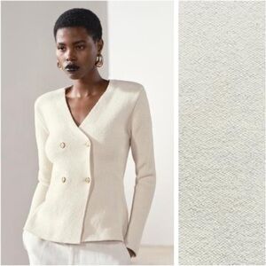 NWT. Zara Ecru Peplum Knit Long Sleeve V-neck Blazer. Size S.